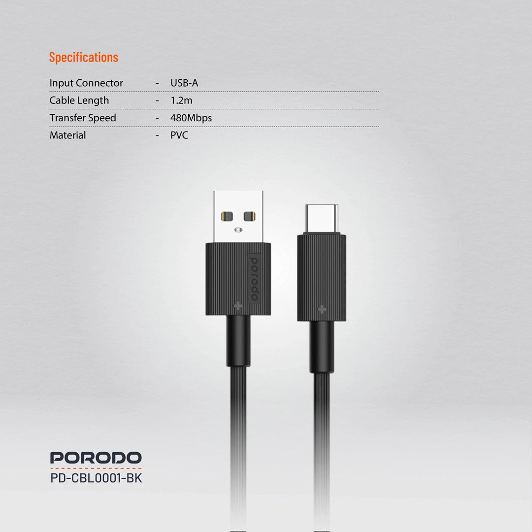 PD-CBL0001-WH | Porodo USB-A to Type-C Durable Charging Cable | White