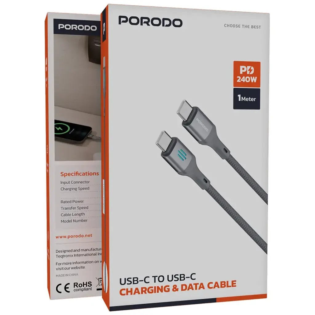 PDDC240 | Porodo Usb-C To Usb-C 240W PD Charging & Data Cable 1M -Grey