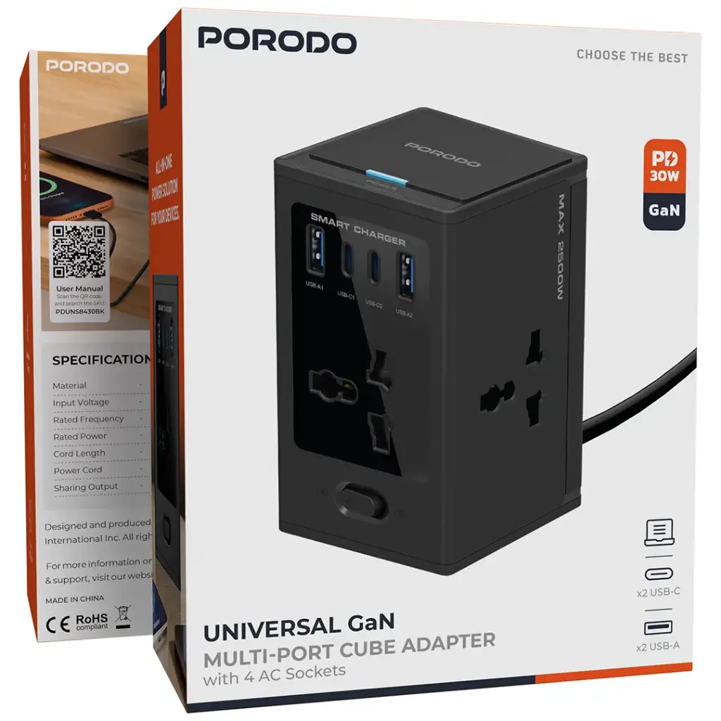 PDUNS8430BK | PDUNS8430BK | Porodo Universal GaN Multi-Port Cube Adapter with 4 AC Sockets | Black - GulfStore.com