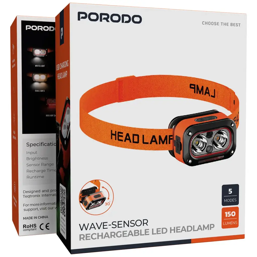 PDHDGO80G | Porodo wave-sensor Rechargeable Led Headlamp - Orange