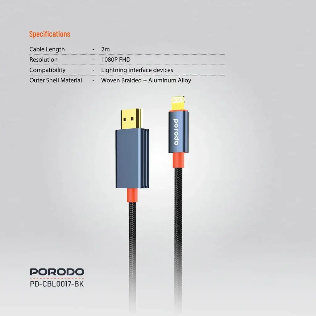 Porodo Woven Cable Lightning to HDMI - Black - GulfStore.com