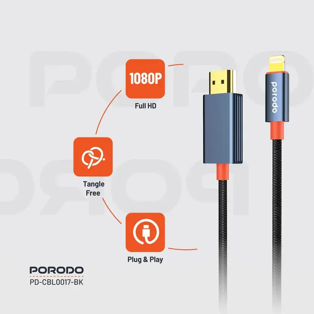 Porodo Woven Cable Lightning to HDMI - Black - GulfStore.com