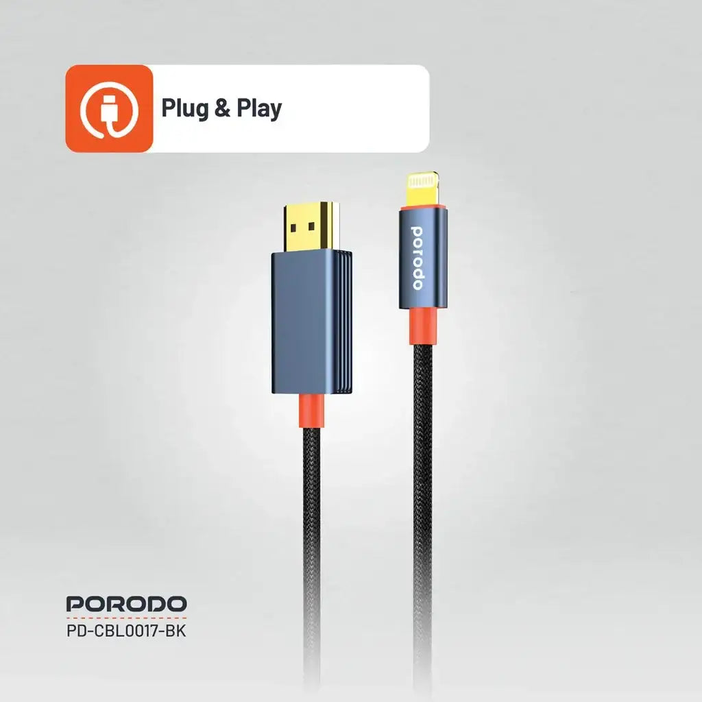 Porodo Woven Cable Lightning to HDMI - Black - GulfStore.com