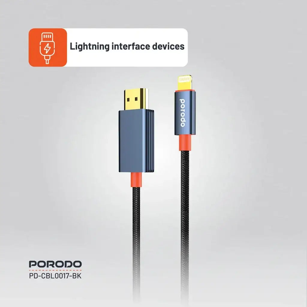 Porodo Woven Cable Lightning to HDMI - Black - GulfStore.com