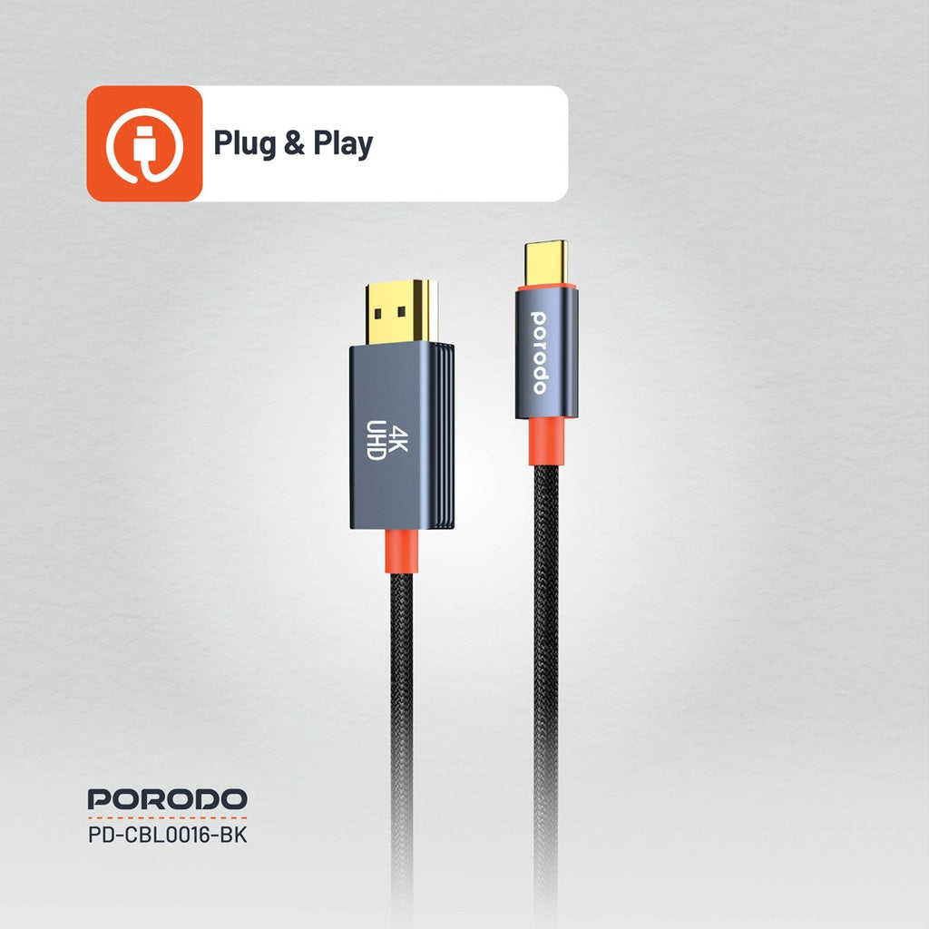 كابل بورودو المنسوج من النوع C إلى HDMI | PD-CBL0016-BK | أسود