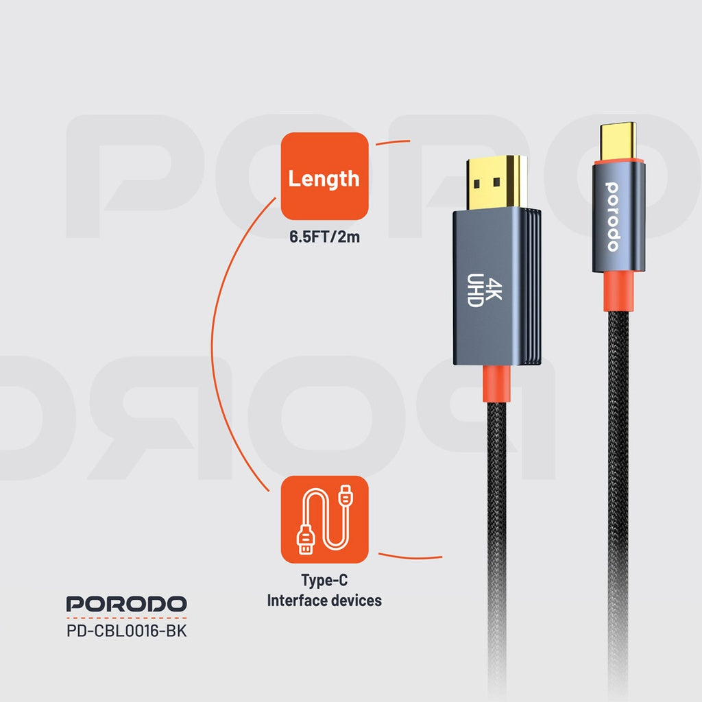 كابل بورودو المنسوج من النوع C إلى HDMI | PD-CBL0016-BK | أسود