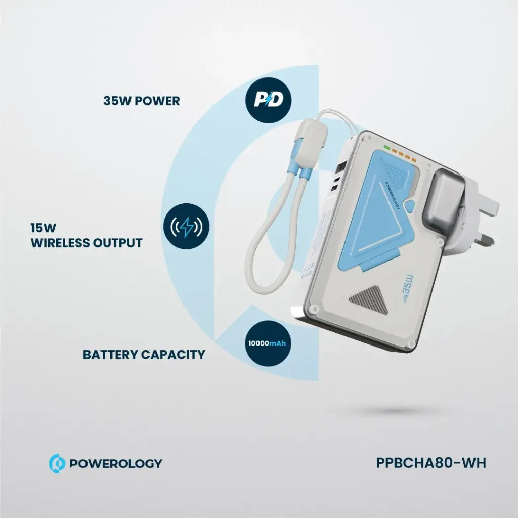 PPBCHA80-WH | Powerology 10000 Mah Wall Charge Magsafe Power Bank | White