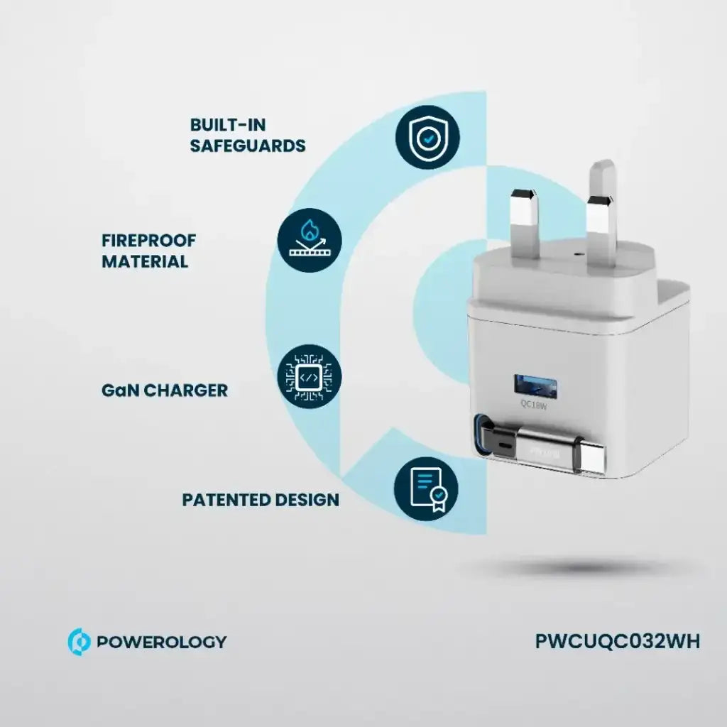 PWCUQC032WH , Powerology GAN PD35W Dual-Port Charger with Retractable Cable PWC032 - White - GulfStore.com