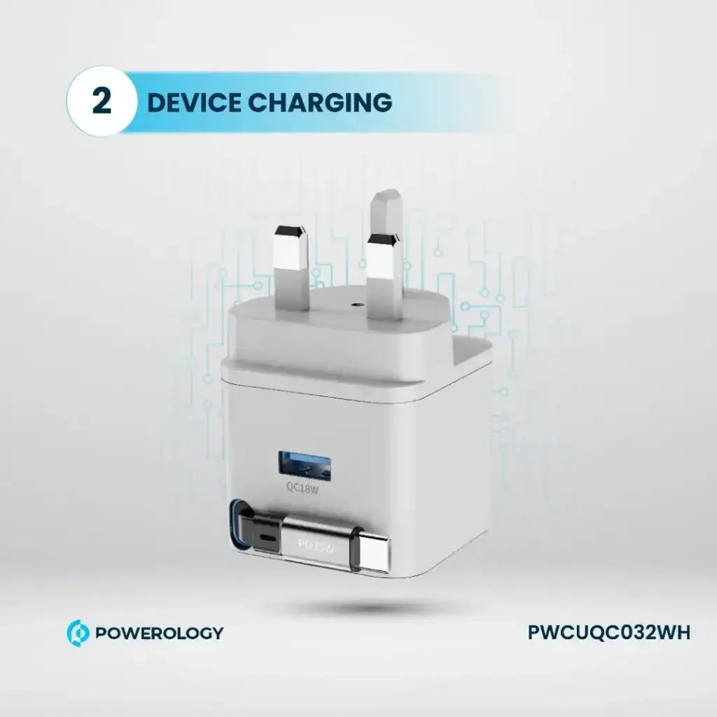 PWCUQC032WH , Powerology GAN PD35W Dual-Port Charger with Retractable Cable PWC032 - White - GulfStore.com