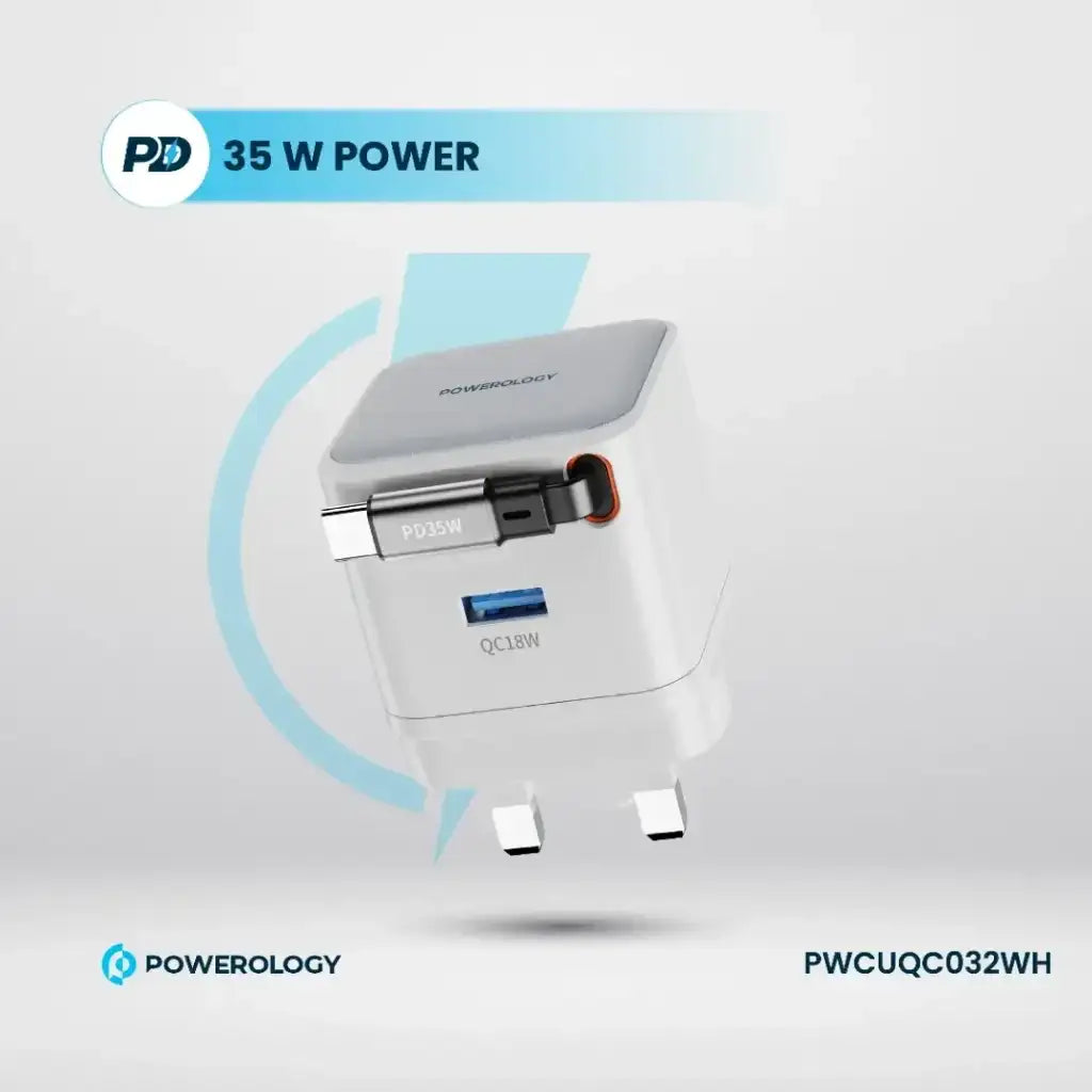 PWCUQC032WH , Powerology GAN PD35W Dual-Port Charger with Retractable Cable PWC032 - White - GulfStore.com