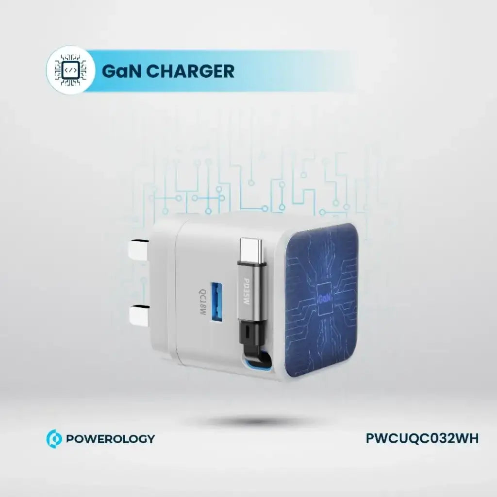 PWCUQC032WH , Powerology GAN PD35W Dual-Port Charger with Retractable Cable PWC032 - White - GulfStore.com