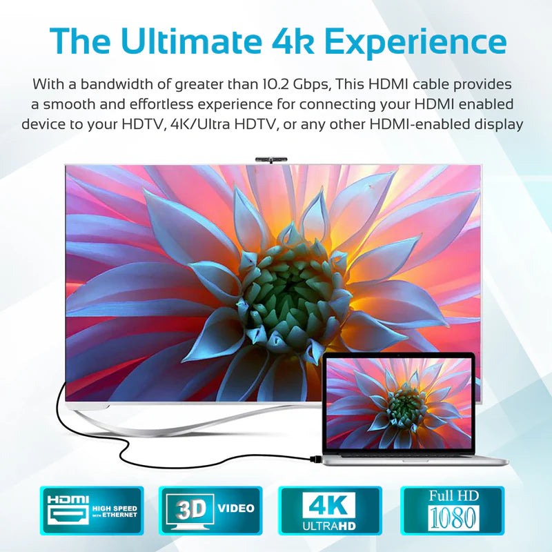 كابل بروميت عالي الوضوح بزاوية قائمة 4K HDMI للصوت والفيديو، 1.5 متر، أسود