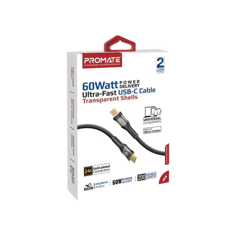 PROMATE 2M 60W Power Delivery Ultra-Fast USB-C Cable with Transparent Shells - Black