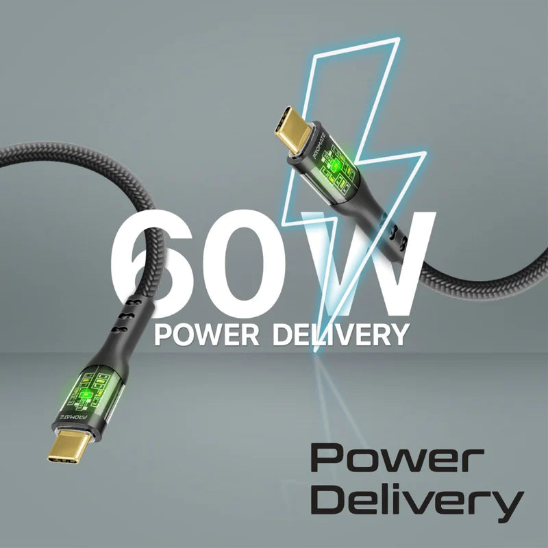 PROMATE 2M 60W Power Delivery Ultra-Fast USB-C Cable with Transparent Shells - Black