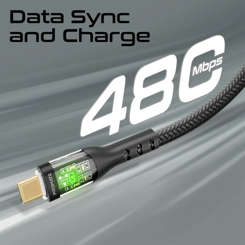 PROMATE 2M 60W Power Delivery Ultra-Fast USB-C Cable with Transparent Shells - Black