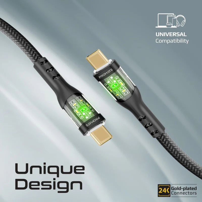 PROMATE 2M 60W Power Delivery Ultra-Fast USB-C Cable with Transparent Shells - Black