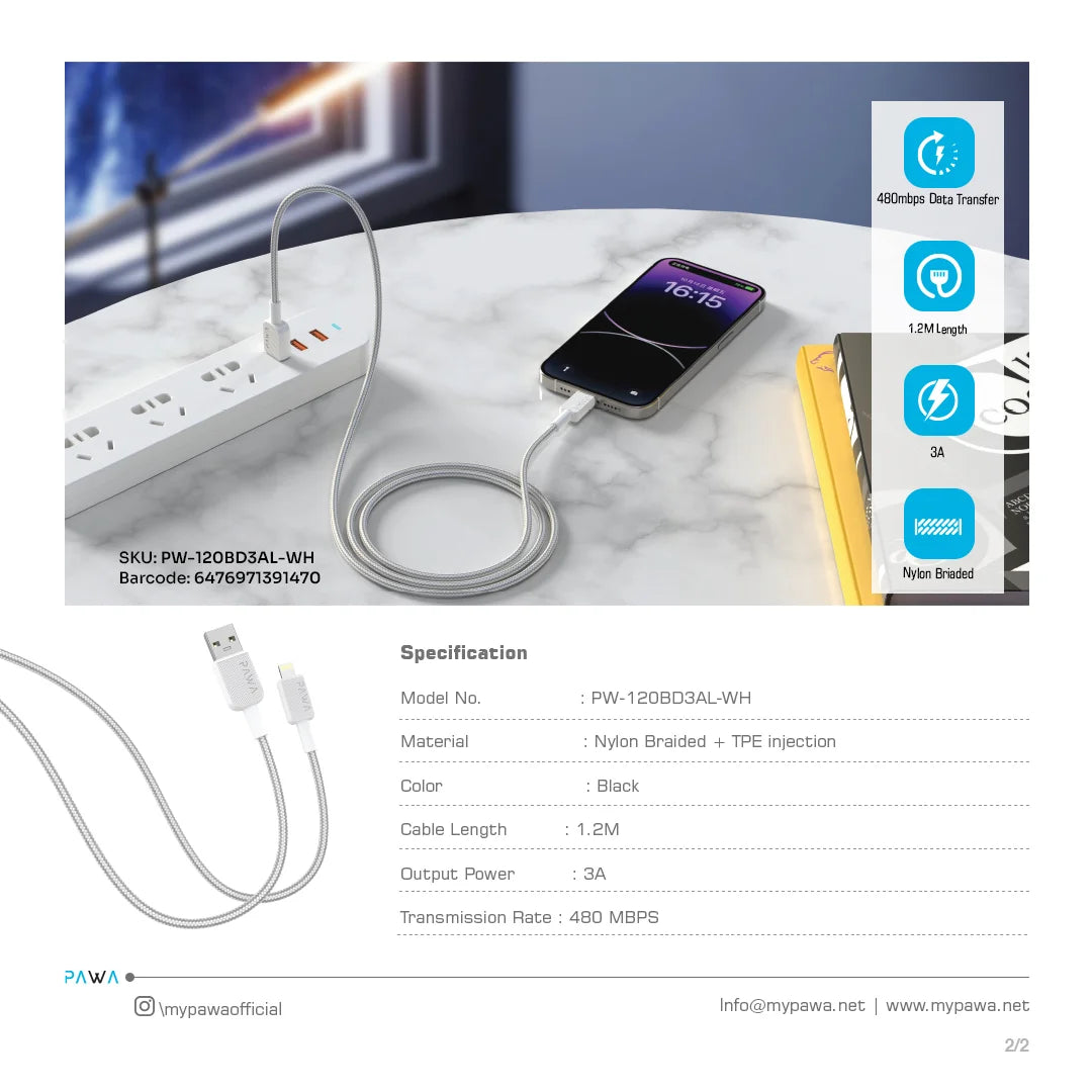 كابل Pawa El Caro Series USB-A إلى Lightning Premium Braided باللون الأبيض (PW-120BD3AL-WH)