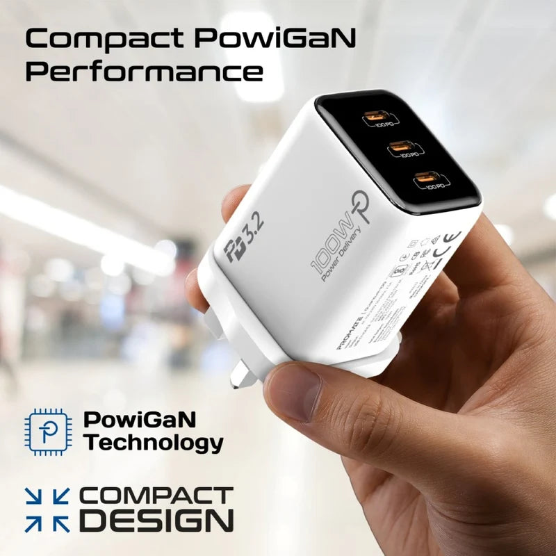 Promate Quantum-100.White.UK 100W PD 3.2 PowiGaN™ Multiport Charger with Smart AI Temperature Control • 3 * 100W PD USB-C Ports - GulfStore.com