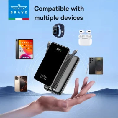 18593 | BT-25 | Brave 12000 Mah Power Bank With 22.5W Fast Charging | Built-In Usb-C & Lightning Cables Led Display