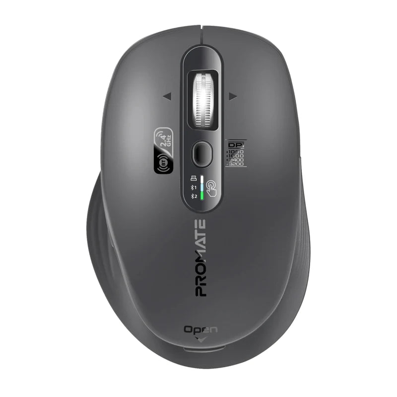 Promate Tri-Connect Wireless Mouse with Rechargeable Battery, 2.4G and Dual BT Connectivity - Black