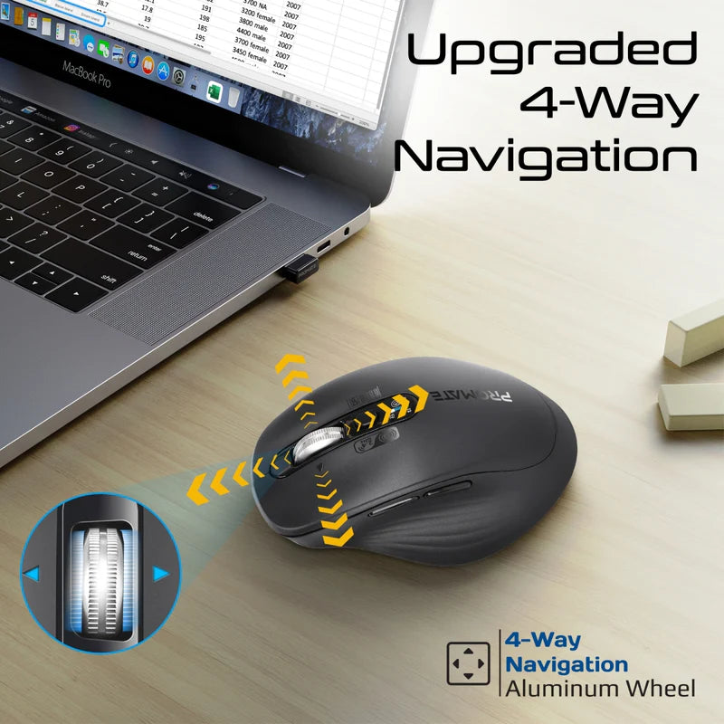 Promate Tri-Connect Wireless Mouse with Rechargeable Battery, 2.4G and Dual BT Connectivity - Black