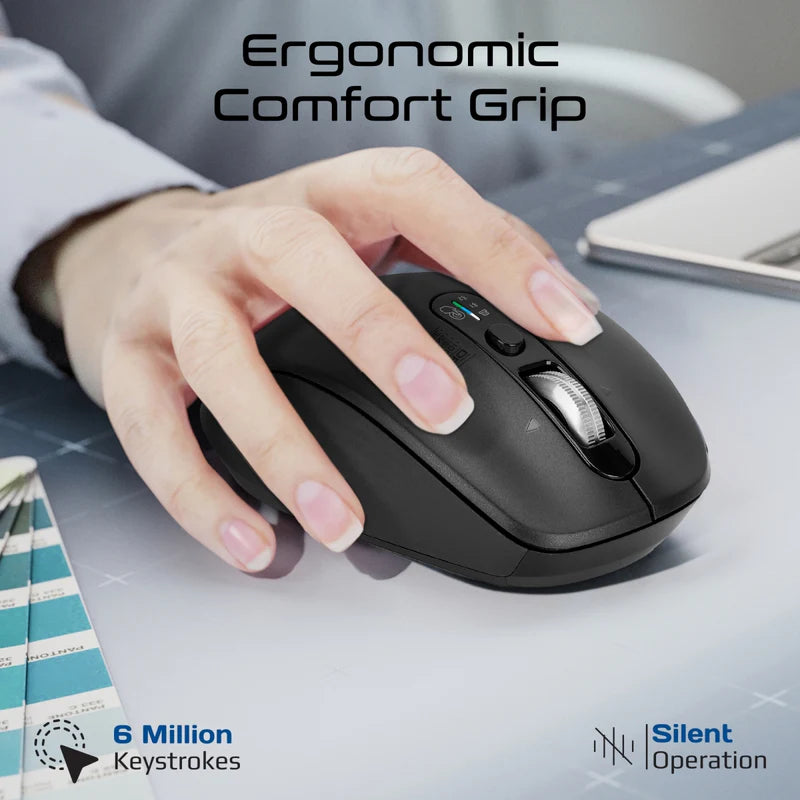 Promate Tri-Connect Wireless Mouse with Rechargeable Battery, 2.4G and Dual BT Connectivity - Black