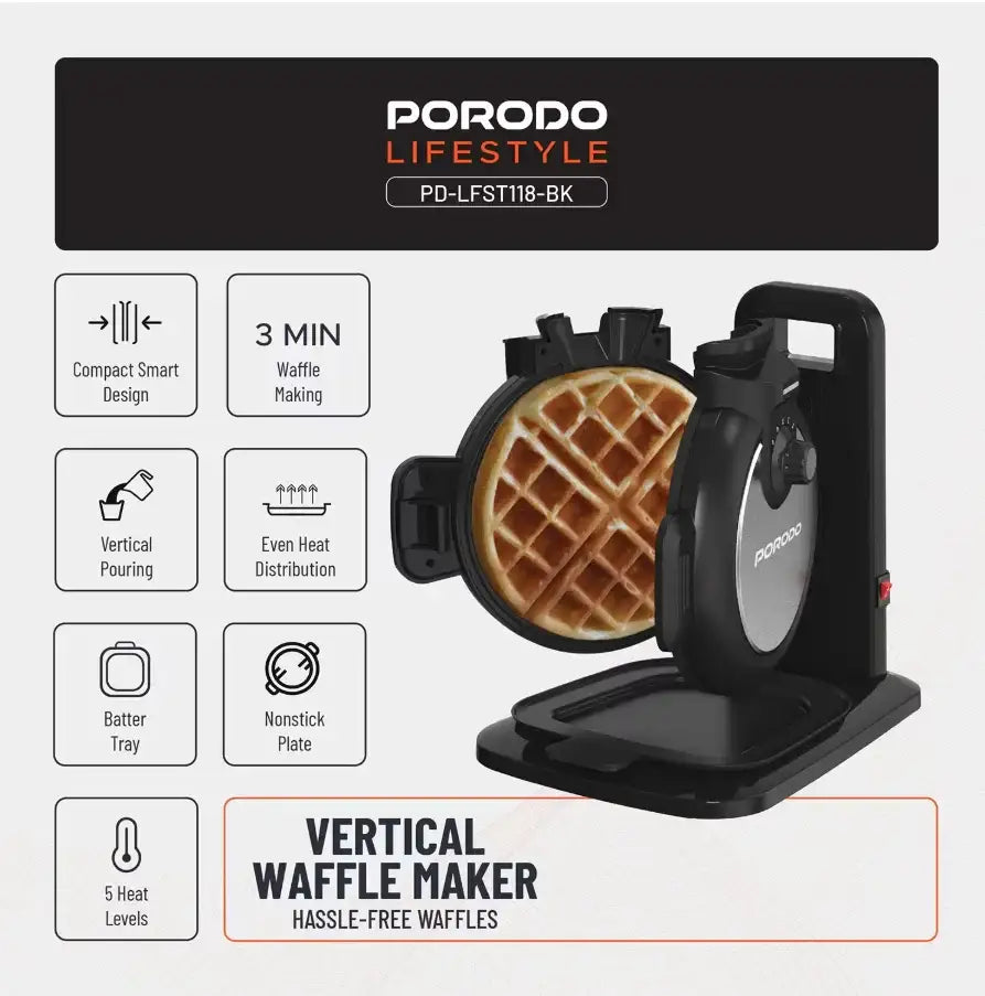 Porodo Lifestyle Vertical Waffle Maker PD-LFST118-BK - Black - GulfStore.com