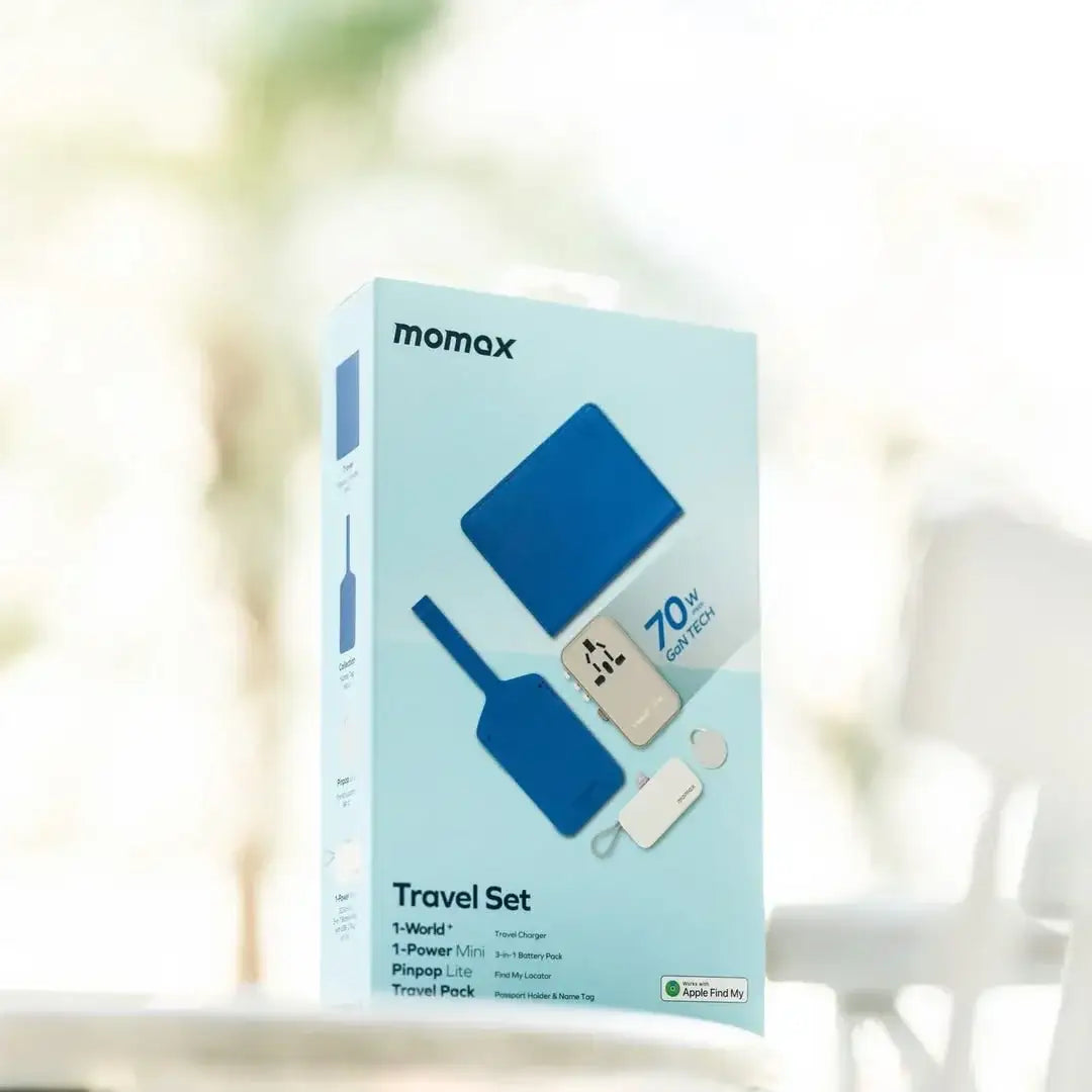 Momax Travel Adapter 70W with cable Bulit In type C+Type C Battery ip130+PinPop Br10+Passport cover - GulfStore.com