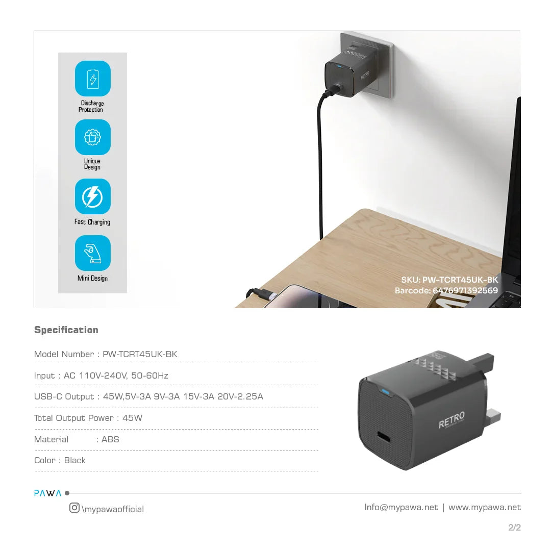 PW-TCRT45UK-BK | قابس باوا ريترو 45 واط بمنفذ Type-C في المملكة المتحدة | أسود