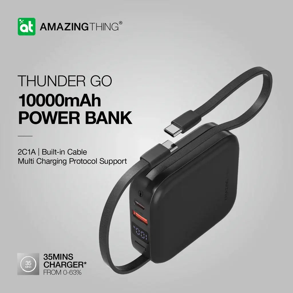AMAZINGTHING | 17942 | THUNDER Go 10000Mah Power Bank With Built-In 2 Usb-C Cables | Black - GulfStore.com