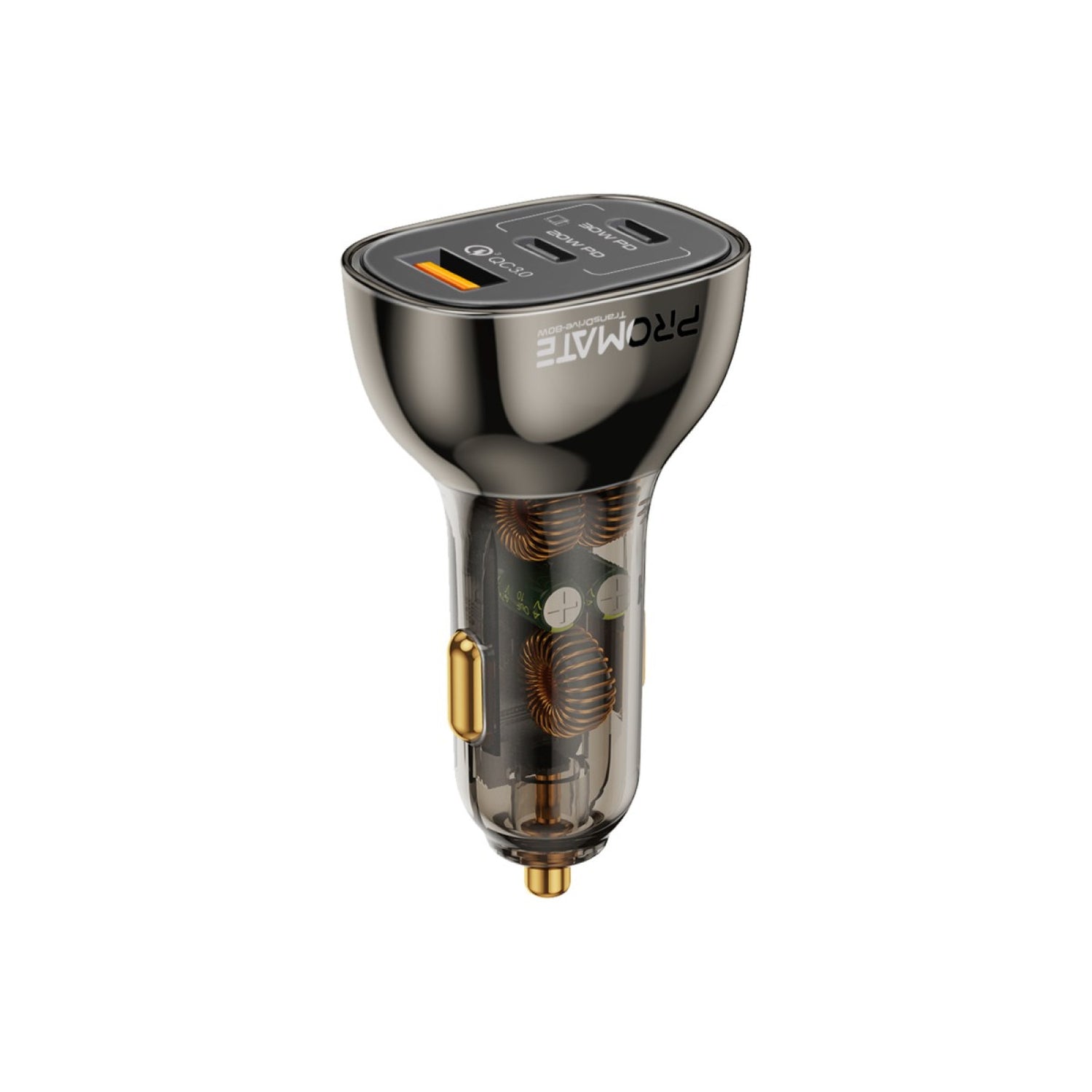 Promate Car Charger, Transparent 80W Fast Charge Multi-Port Car Adapter Dual USB Type-C Power Delivery Ports