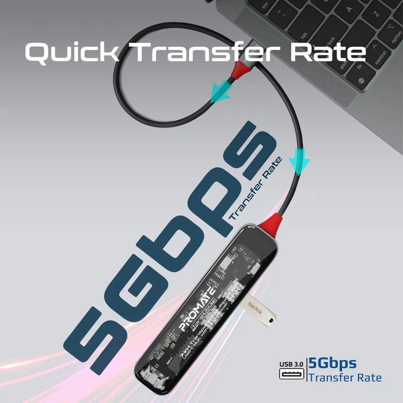 PROMATE 7-in 1 Transparent Multiport Slim USB-C Hub with 100W Power Delivery