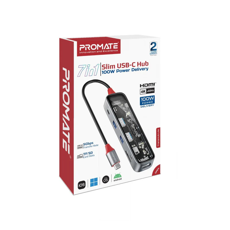 PROMATE 7-in 1 Transparent Multiport Slim USB-C Hub with 100W Power Delivery