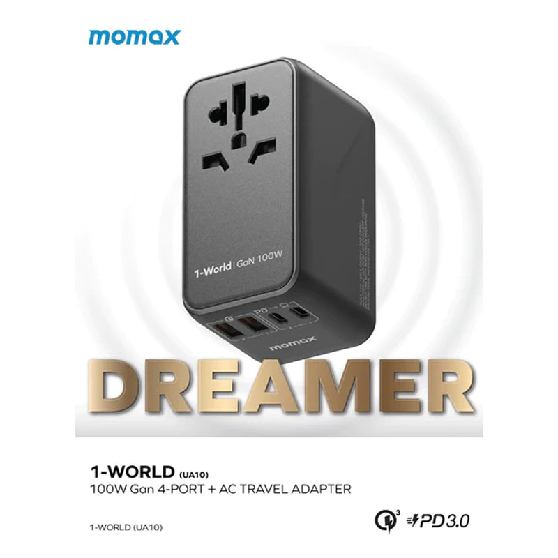 Momax 1-World Dreamer 100W GaN 4 Ports + AC Travel Adapter (Black) - UA10D