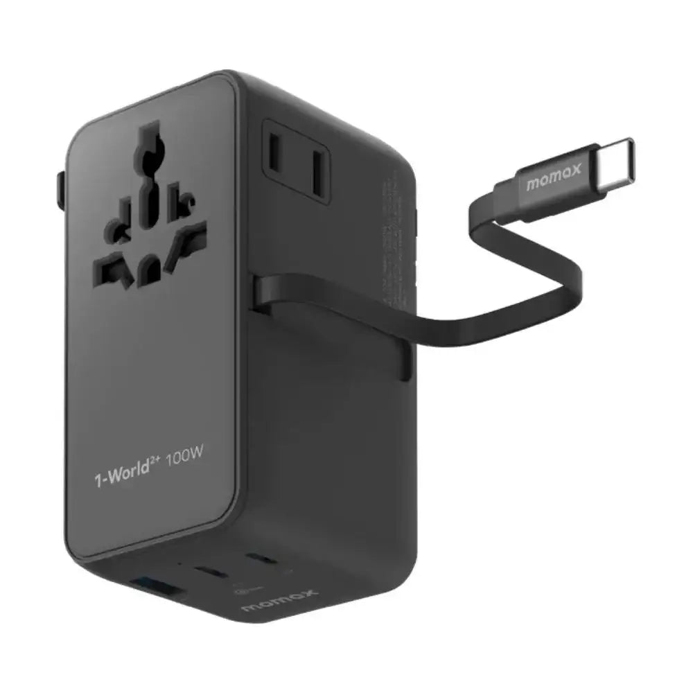 UA25D | Momax 1-World2+ 100W 4-Port Dual AC Travel Adaptor with Built-in retractable Cable | Black - GulfStore.com