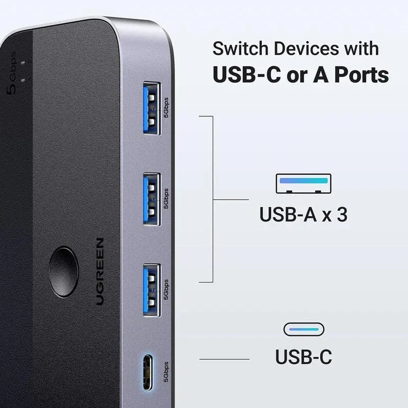 مفتاح يوجرين USB 3.0 2 في 4، مدخلين USB-A، 3 منافذ USB-A + مخرج USB-C - أسود