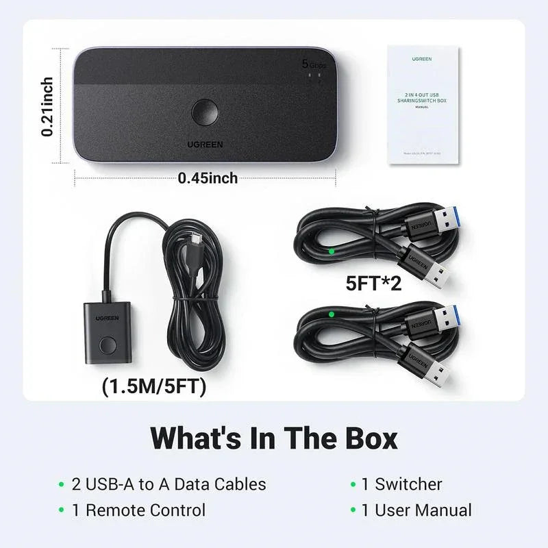 مفتاح يوجرين USB 3.0 2 في 4، مدخلين USB-A، 3 منافذ USB-A + مخرج USB-C - أسود