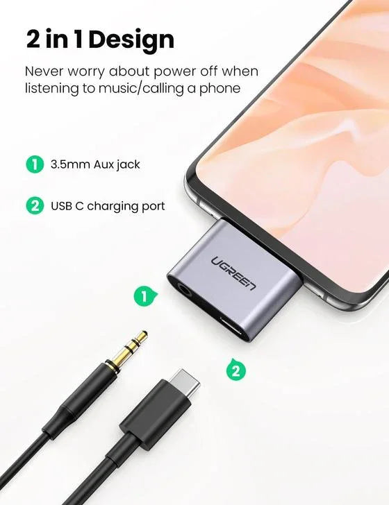 محول UGREEN USB C إلى 3.5 مم لسماعات الرأس والشاحن من النوع C