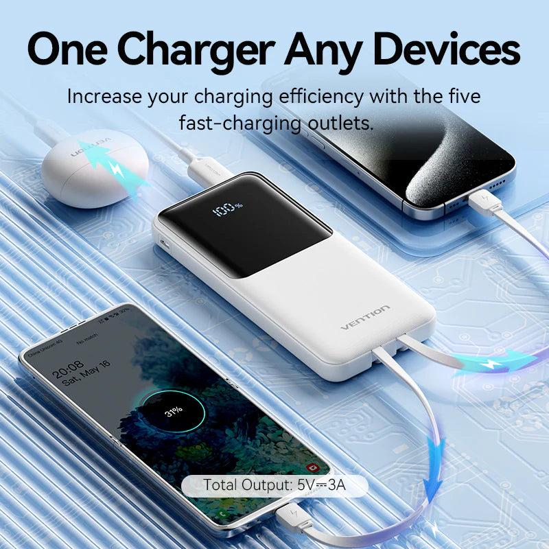 FHOW0 | Vention Power Bank 10000mAh (Micro-USB + USB-C + USB-A + USB-A) with Built-in USB-C and Lightning Cables 22.5W | White