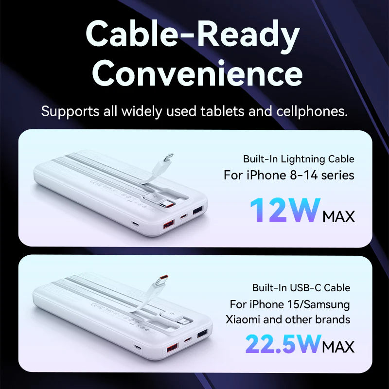 FHOW0 | Vention Power Bank 10000mAh (Micro-USB + USB-C + USB-A + USB-A) with Built-in USB-C and Lightning Cables 22.5W | White