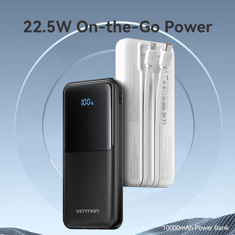 FHOW0 | Vention Power Bank 10000mAh (Micro-USB + USB-C + USB-A + USB-A) with Built-in USB-C and Lightning Cables 22.5W | White
