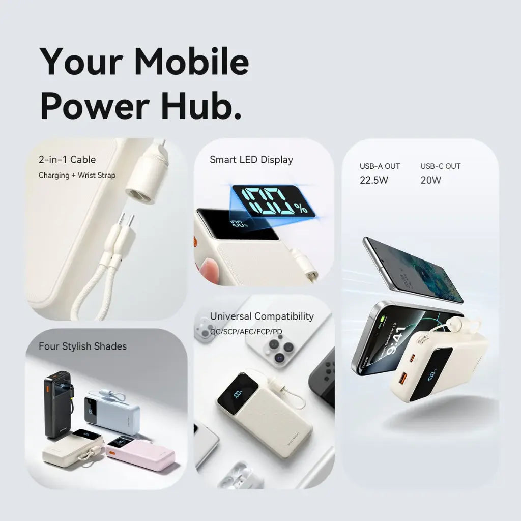 FHPW0 | Vention Power Bank 20000mAh (Micro-USB + USB-C + USB-A + USB-A) with Built-in USB-C and Lightning Cables 22.5W | White
