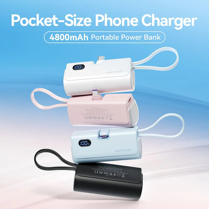 FHQP0 | Vention Power Bank LED Display 4800mAh (USB-C + Lightning + USB-C) 22.5W Foldable USB-C Type | Pink