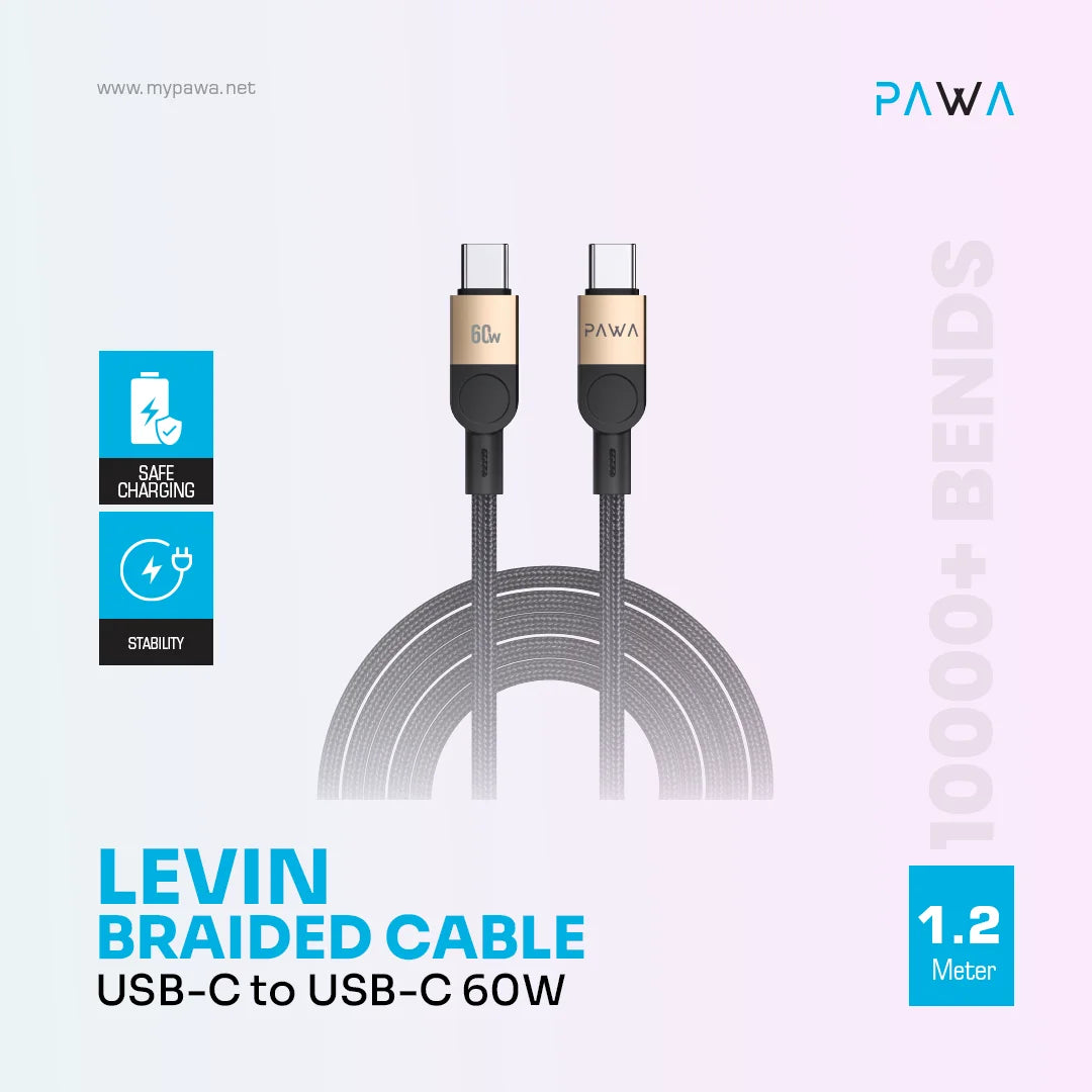 PW-12BDC253-DTBK | PAWA Levin Usb-C To Usb-C Braided Cable 1.2M 60W | Desert Black