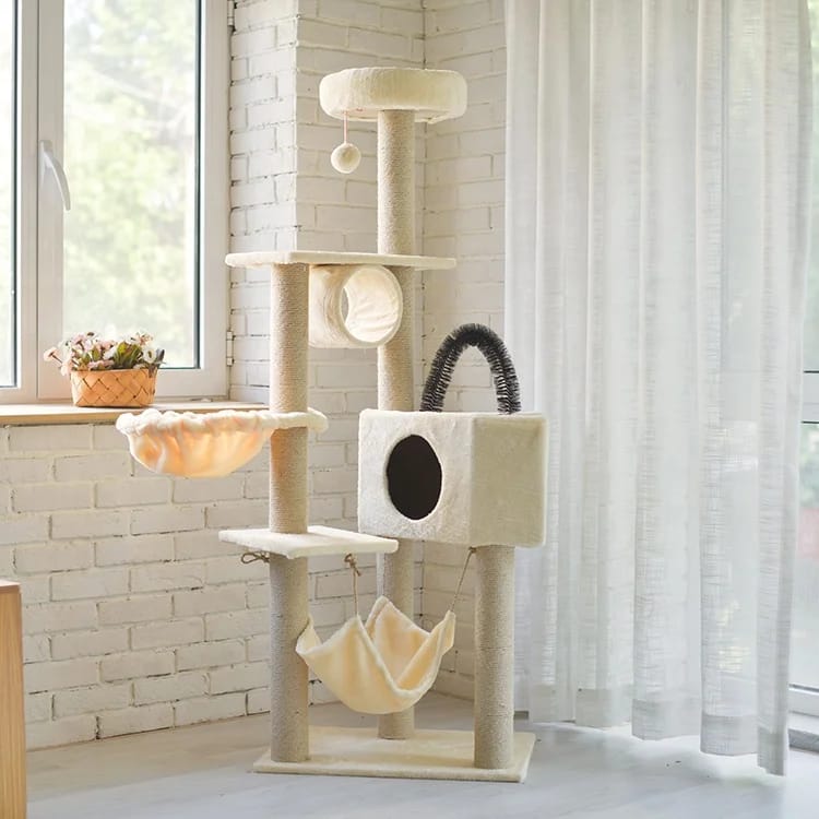 Modern Multi-Level Cat Tree for Indoor Cats – Cozy Cat House, Hammocks, Scratching Posts & Play Platform - Biege