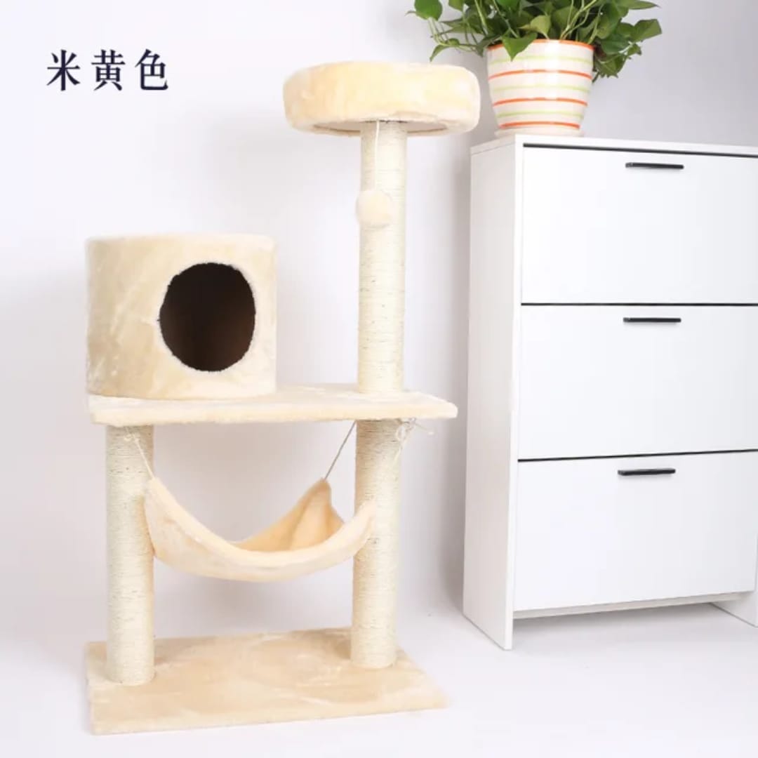 Multi-Level Cat Tree with Hammock & Cozy House – Beige