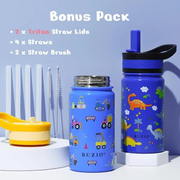 Buzio Kids Bottle with Straw Lid | 2 Pack 500ML - Cars+Dinosaur