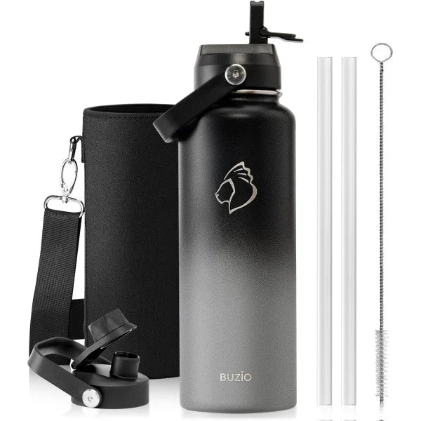 Buzio Duet Series Water Bottle with 2 Lids and Sleeve 1.2L - Shadow
