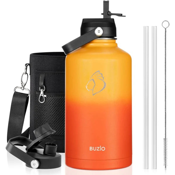 Buzio Duet Series Water Bottle with 2 Lids and Sleeve 1.9L - Yellow Orange