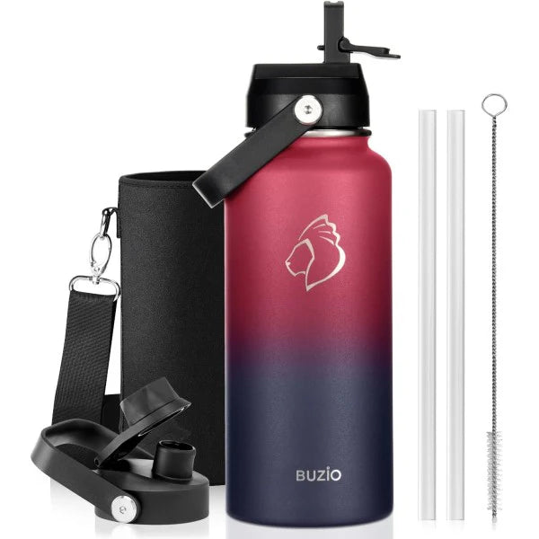 Buzio Duet Series Water Bottle with 2 Lids and Sleeve 1L - Ruby Red Navy